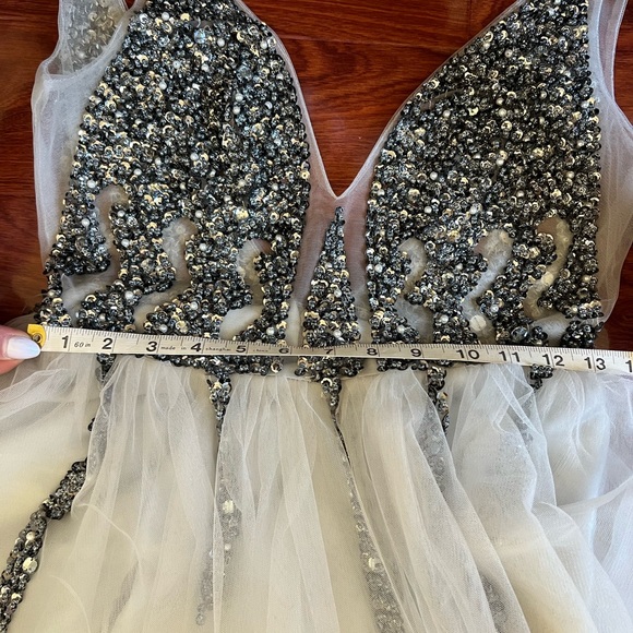 Gray Beaded V Neck Gown NWOT - Picture 11 of 12